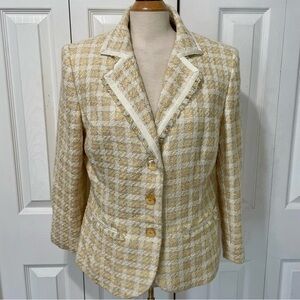 Vintage Tweed Amanda Smith Women's Cream Plaid Blazer Size 14 W